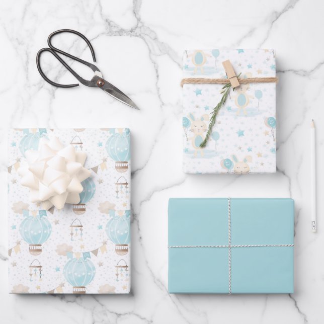 Hoja De Papel De Regalo Globos de aire caliente y conejo Blue Baby Boy (Anverso)