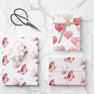 Hoja De Papel De Regalo Globos de Corazón Rosados Rojos Mariposas Cumpleañ