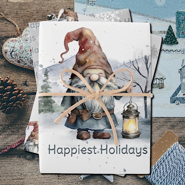 Hoja De Papel De Regalo Gnome de Navidades de invierno acuarela (Watercolor Winter Christmas Gnome Wrapping Paper Sheets)