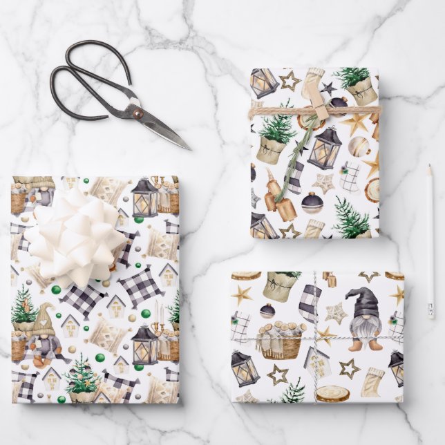 Hoja De Papel De Regalo Gnome Farmhouse Black and White Plaid (Anverso)