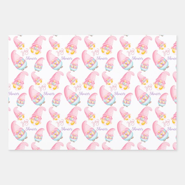 Hoja De Papel De Regalo Gnomes de Baby Shower rosados  (Anverso)