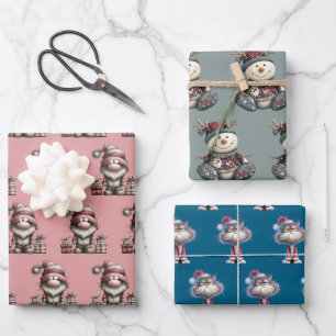 Hoja De Papel De Regalo gnomo, muñeco de nieve, santa elfo gato lindo can