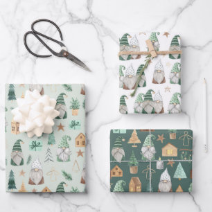 Hoja De Papel De Regalo Gnomos de Navidad Blanco Verde Dorado Modernos y C