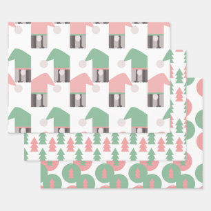 Hoja De Papel De Regalo Gnomos de Navidad rosados árboles y adornos