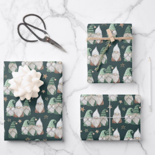 Hoja De Papel De Regalo Gnomos de Navidad Verde Oro Escandinavo Moderno
