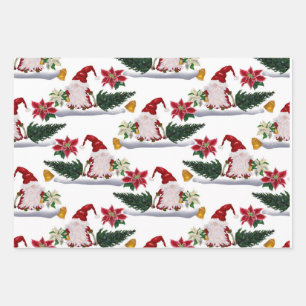 Hoja De Papel De Regalo Gnomos Navideños Festivos, Poinsettia y Campanas