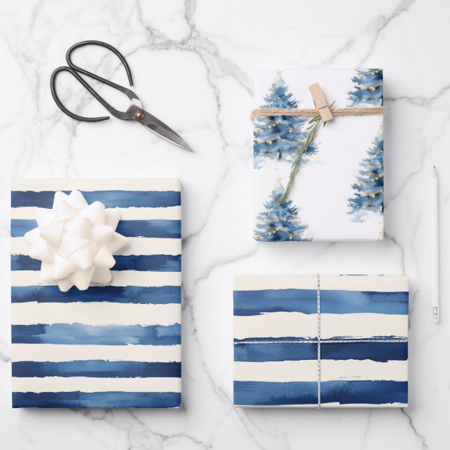 Hoja De Papel De Regalo Gold Blue Stripes Christmas Tree (Anverso)