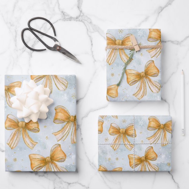 Hoja De Papel De Regalo Gold Bows Baby Blue Christmas (Anverso)