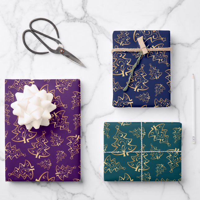 Hoja De Papel De Regalo Gold Christmas Trees on Purple, Navy Blue, Teal (Anverso)