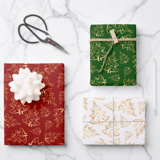Hoja De Papel De Regalo Gold Christmas Trees on Red, Green, White (Anverso)