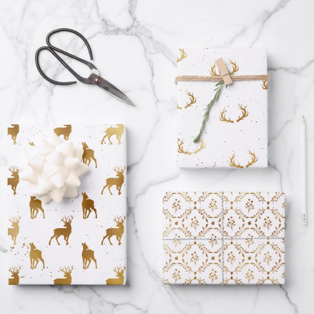Hoja De Papel De Regalo Gold Deer Antler Holiday (Anverso)