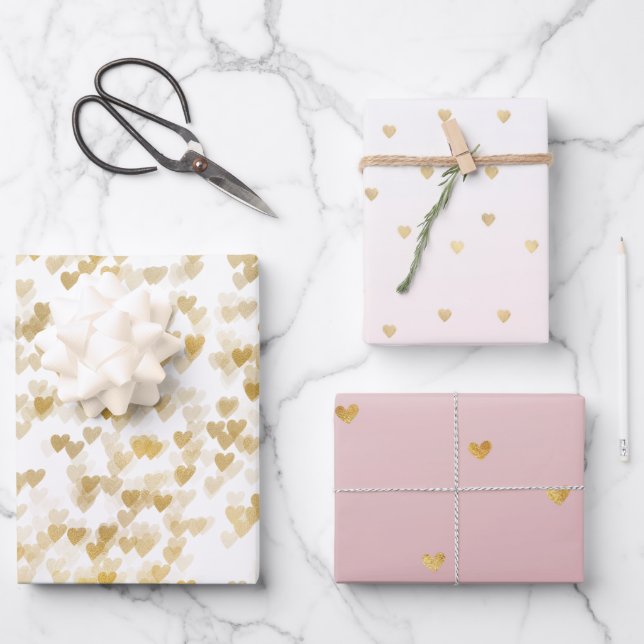 Hoja De Papel De Regalo Gold Glam Hearts Confetti Variety (Anverso)