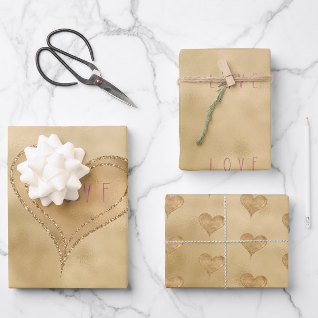 Hoja De Papel De Regalo Gold Glitzy Purpurina Love Heart (Anverso)