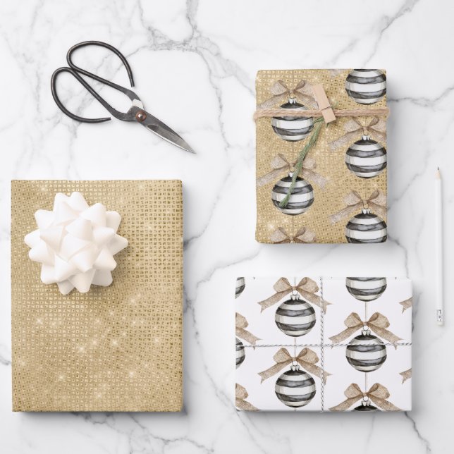 Hoja De Papel De Regalo Gold Sparkle Christmas Black Stripes Ornament Bow (Anverso)