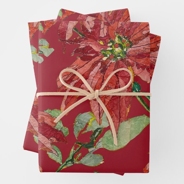 Hoja De Papel De Regalo Golden Poinsettia | Fine Art Christmas Red (In situ)