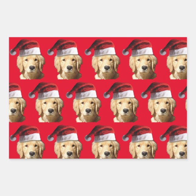 Hoja De Papel De Regalo Golden Retriever vistiendo un Gorra de Santa Claus (Anverso)