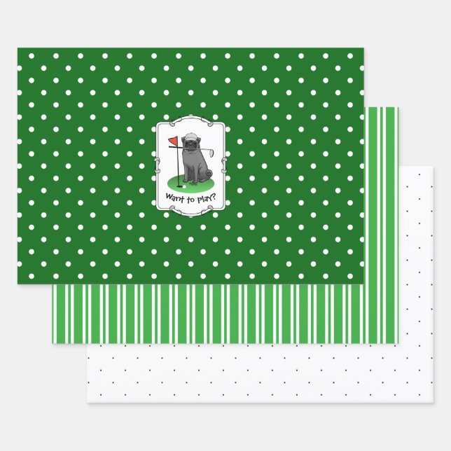 Hoja De Papel De Regalo Golf Pug Jugando Golf (negro) Cute Dog Funny (Set)