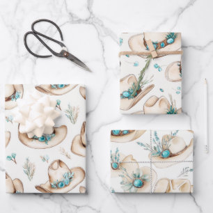 Hoja De Papel De Regalo Gorras Cowboy Joyería Turquesa Occidental