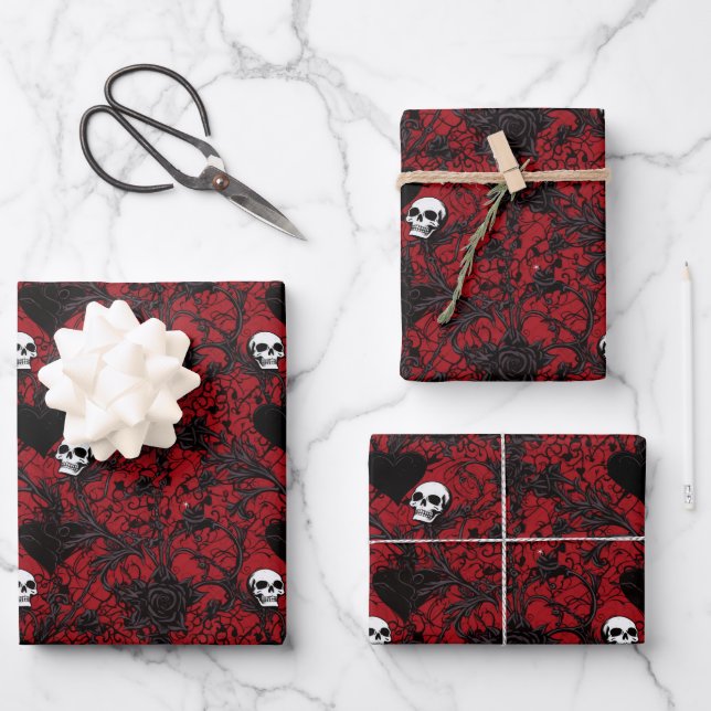 Hoja De Papel De Regalo Gothic Black Roses Black Hearts and Skulls (Anverso)