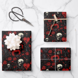 Hoja De Papel De Regalo Gothic Red Hearts Black Flowers and Skulls