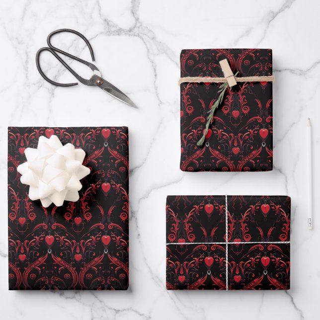 Hoja De Papel De Regalo Gothic Red Hearts Intricate (Anverso)