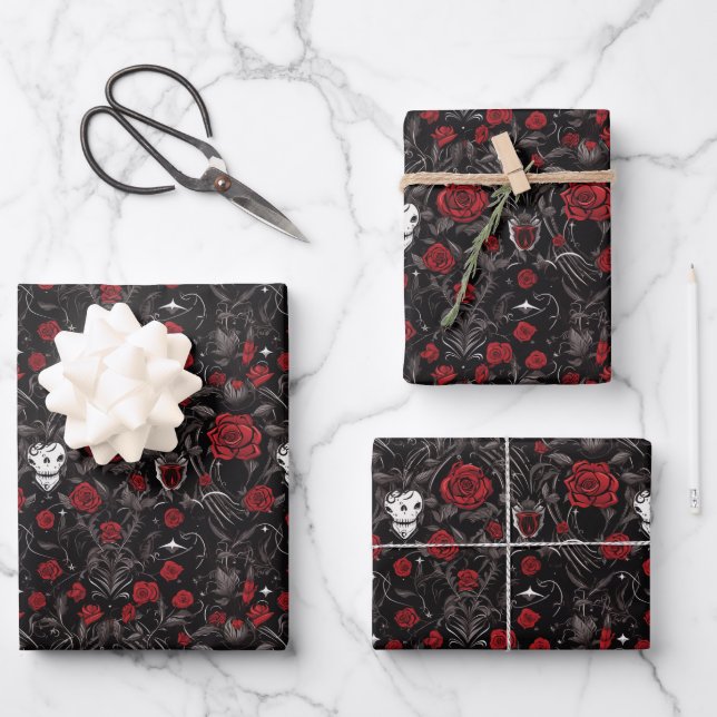 Hoja De Papel De Regalo Gothic Red Roses and Skulls (Anverso)
