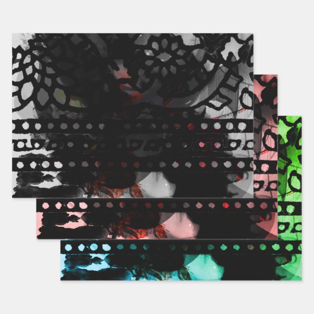 Hoja De Papel De Regalo Gótico de encaje negro Flor roja Arte raro (Set)