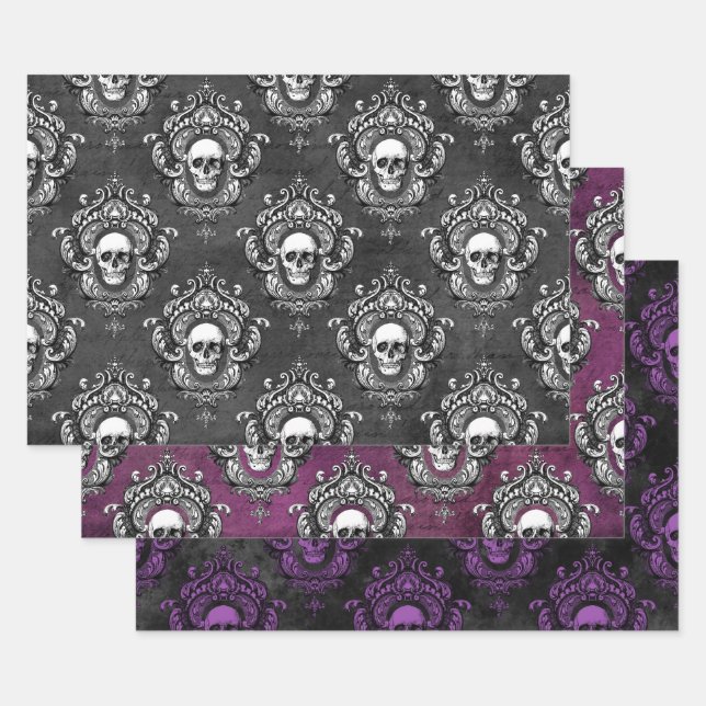 Hoja De Papel De Regalo Gótico gris y morado cráneo (Set)
