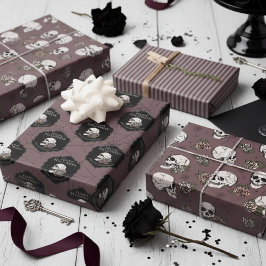 Hoja De Papel De Regalo Gótico Plum Purple Skulls y Stripes Halloween