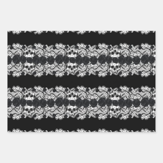 Hoja De Papel De Regalo Gótico: rosas, encajes y cráneos (Anverso)