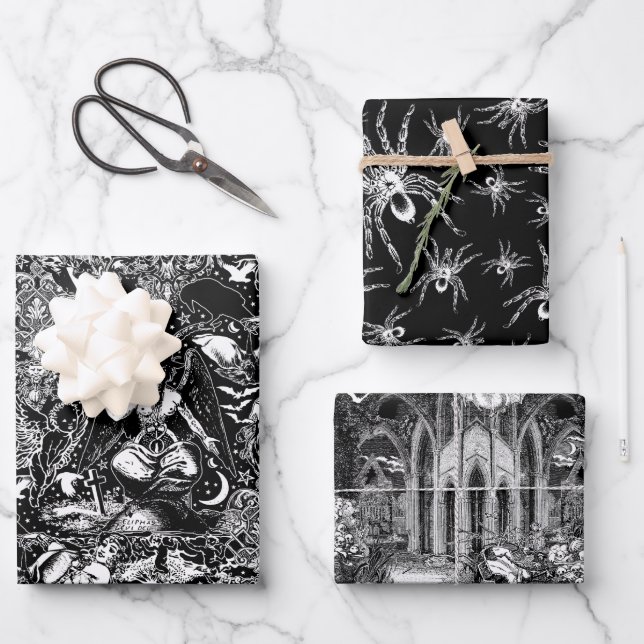 Hoja De Papel De Regalo Goulish negro y blanco gótico de estilo victoriano (Anverso)