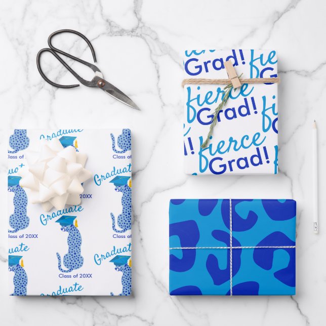 Hoja De Papel De Regalo Graduación de impresión de leopardo azul (Anverso)
