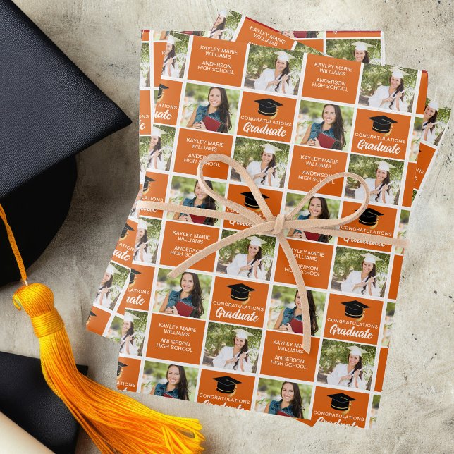 Hoja De Papel De Regalo Graduación naranja Foto Graduada Personalizada (Subido por el creador)