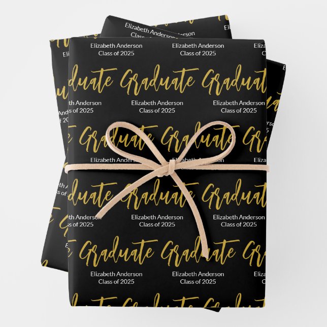 Hoja De Papel De Regalo Graduado Black White Gold Grad Name Clase de 2024 (In situ)