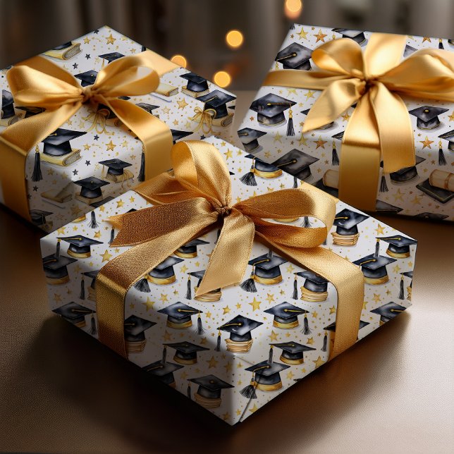 Hoja De Papel De Regalo Graduation Caps and Diplomas Grad Celebration (Graduation Caps with Tassels, Diplomas and Mortarboards Accented with Stars Wrapping Paper Trio)