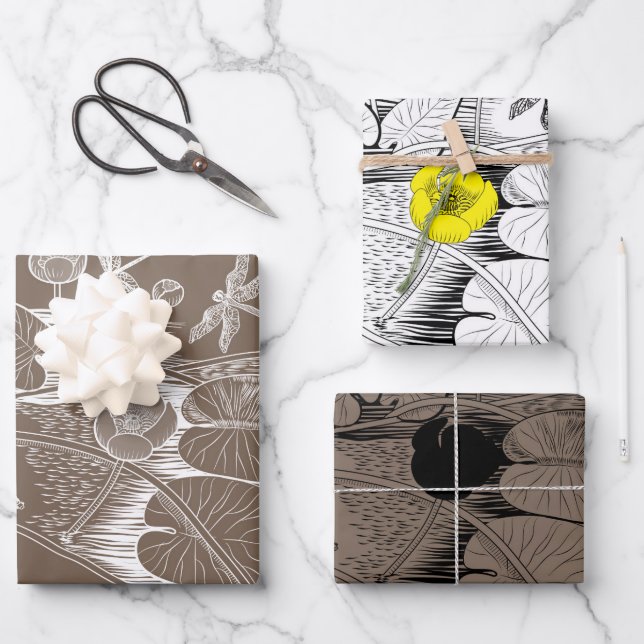 Hoja De Papel De Regalo Gráfica de grabado de lirios de agua marrón amaril (Anverso)