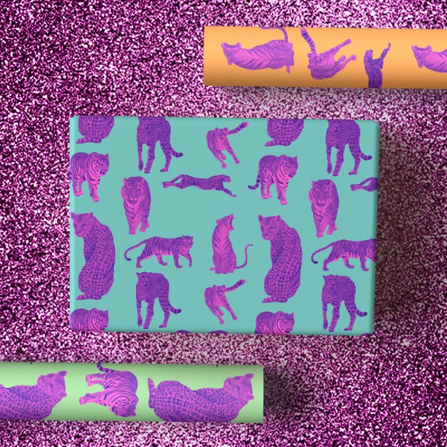 Hoja De Papel De Regalo Grandes gatos rosados calientes en Naranja neón y  (Subido por el creador)