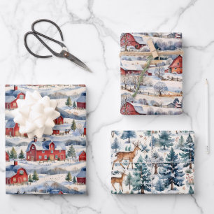 Hoja De Papel De Regalo Granja invernal y granjas rojas