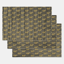 Hoja De Papel De Regalo Grano de Madera Falsa Rústico, "64th" Dorado Falso