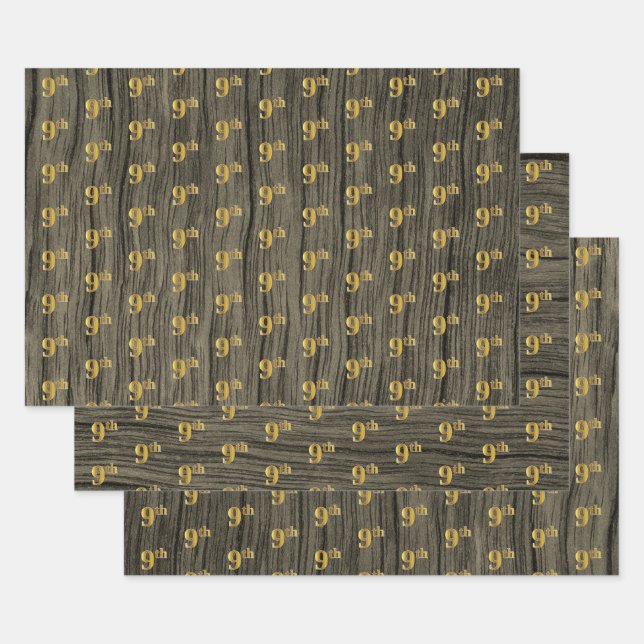 Hoja De Papel De Regalo Grano Rústico Faux Wood, elegante Faux Gold "9º" (Set)