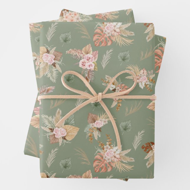 Hoja De Papel De Regalo Grasas y flores de pampas en verde oliva (In situ)