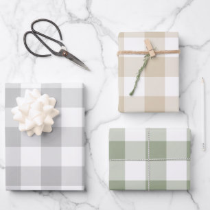 Hoja De Papel De Regalo Gray Beige Sage Green Gingham Check Plaid