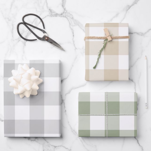 Hoja De Papel De Regalo Gray Beige Sage Green Gingham Check Plaid (Anverso)