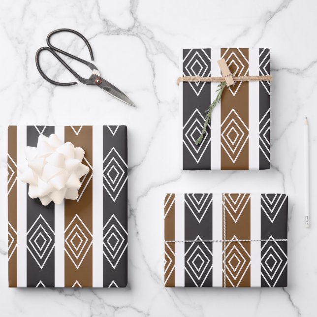 Hoja De Papel De Regalo Gray Brown Geometric Diamond Stripes (Anverso)