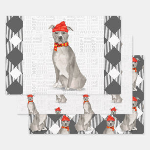 Hoja De Papel De Regalo Gray Pitbull Staffordishire Navidades Dog Plaid