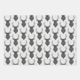 Hoja De Papel De Regalo Gray Tartan Stag Head Antler Rustic Pattered