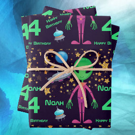 Hoja De Papel De Regalo Green Alien UFO Añadir nombre Edad Feliz Cumpleaño