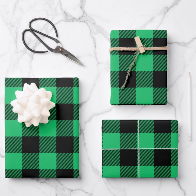 Hoja De Papel De Regalo Green and Black Buffalo Check Gingham Holiday W (Anverso)