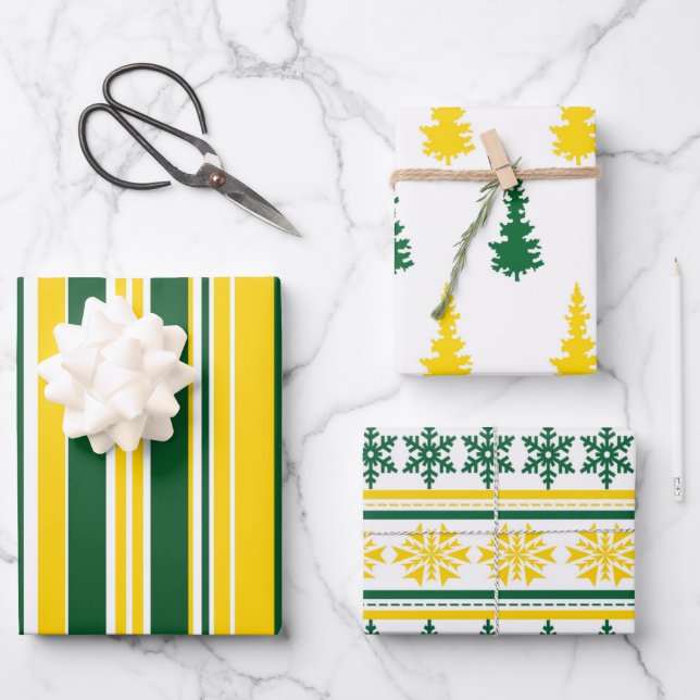 Hoja De Papel De Regalo Green and Gold Christmas 3-Pack Gift Wrap (Anverso)