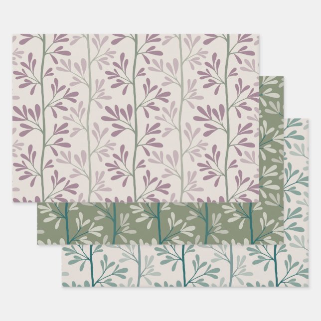 Hoja De Papel De Regalo Green and Mauve Garden Stems Modern Botanical (Set)